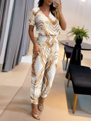 Nova moda casual com decote em v impresso calças de manga curta terno conjunto de duas peças