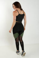 Conjunto Fitness Calça Legging Detalhe Verde Militar Cropped Detalhe Busto
