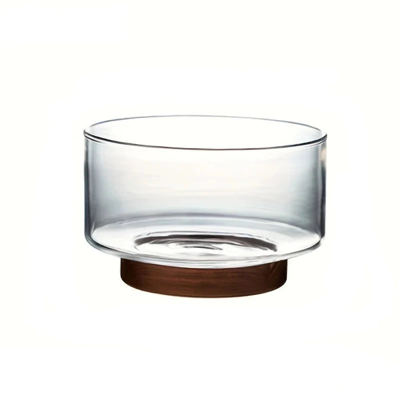 Tigela de Frutas de Vidro com Base de Madeira