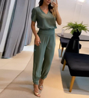 Nova moda casual com decote em v impresso calças de manga curta terno conjunto de duas peças