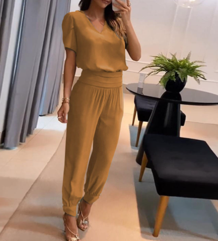 Nova moda casual com decote em v impresso calças de manga curta terno conjunto de duas peças