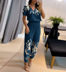 Nova moda casual com decote em v impresso calças de manga curta terno conjunto de duas peças