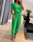 Nova moda casual com decote em v impresso calças de manga curta terno conjunto de duas peças